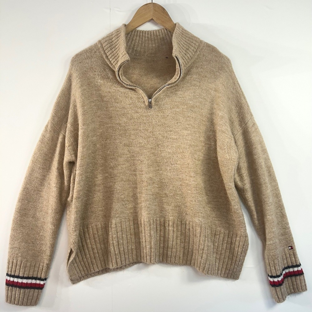 Tommy Hilfiger Preppy Quarter Zip Sweater Large Tan Knit Collegiate Old Money